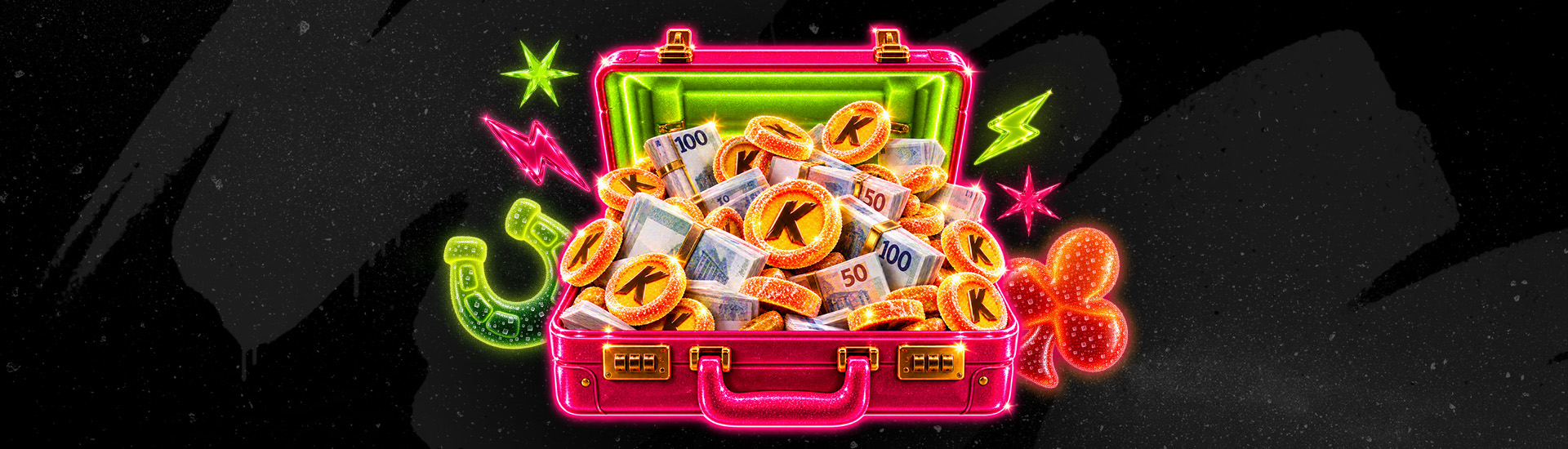 Kirpee welcome offer banner with lime and pink candy shapes on a black background